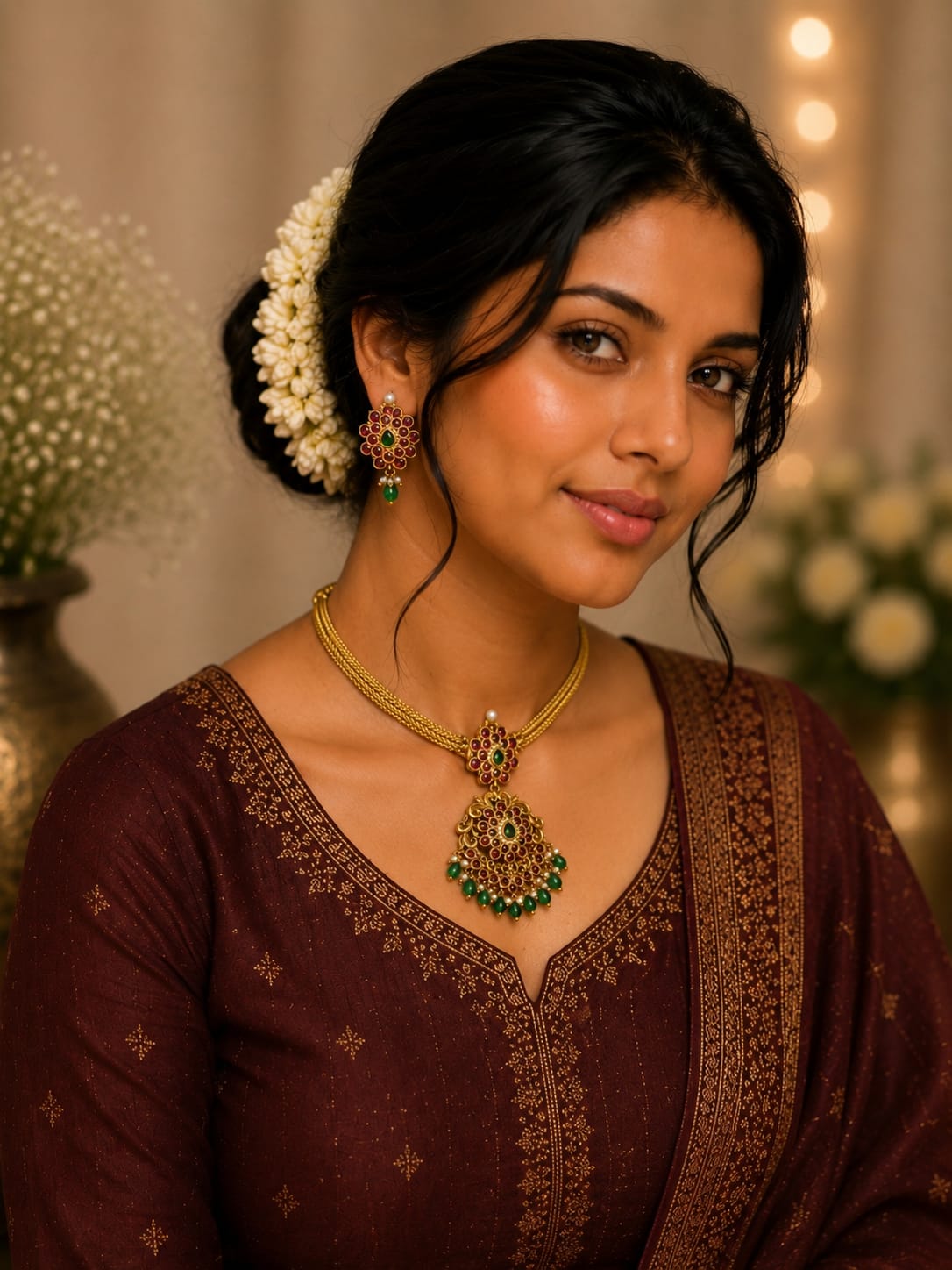 Antique Gold Temple Choker Necklace Set with Goddess Lakshmi Pendant & Green Emerald Stones