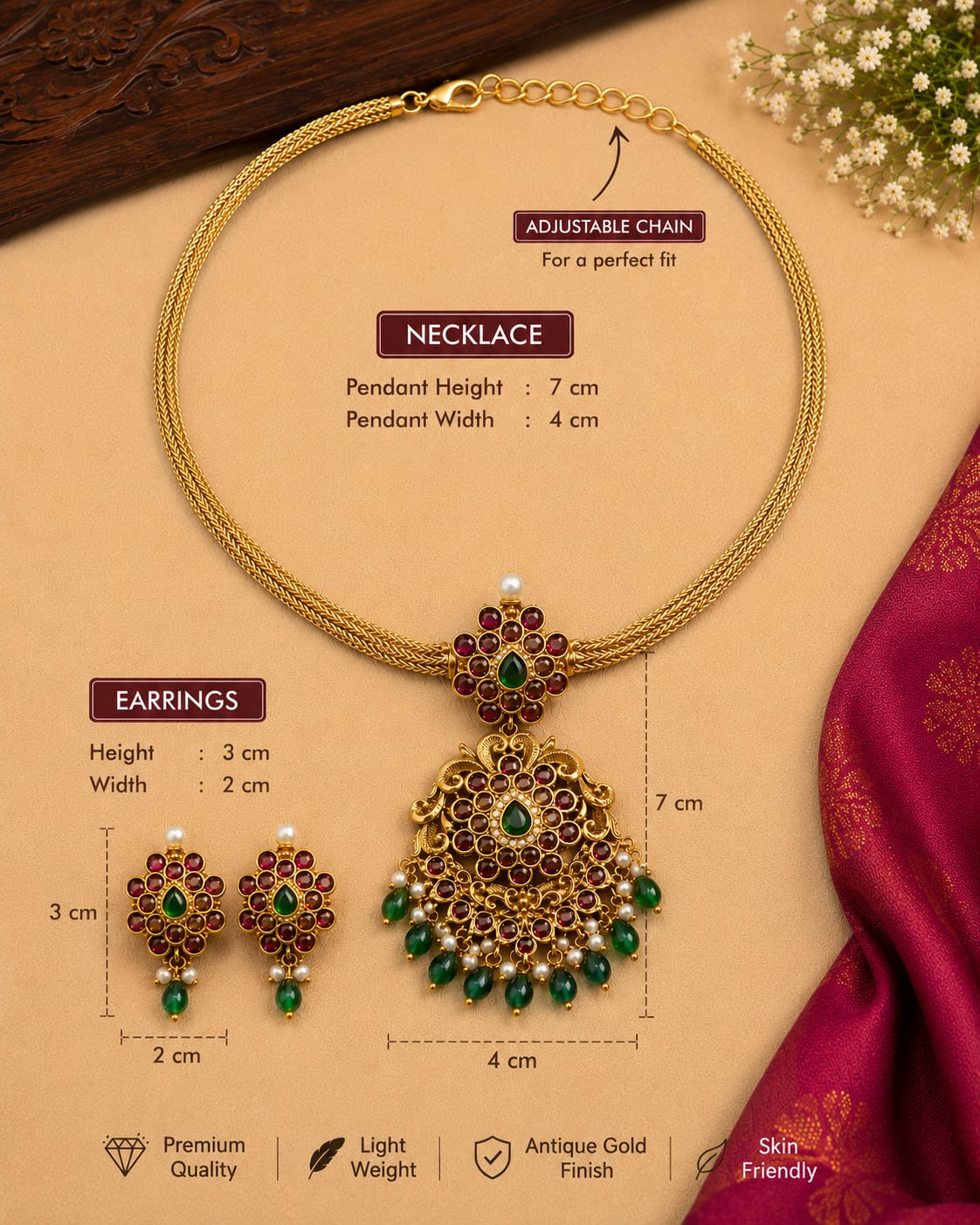 Antique Gold Temple Choker Necklace Set with Goddess Lakshmi Pendant & Green Emerald Stones