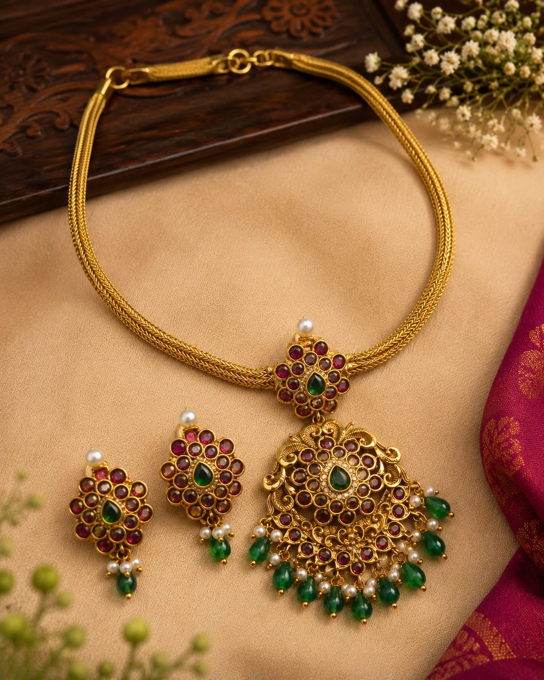 Antique Gold Temple Choker Necklace Set with Goddess Lakshmi Pendant & Green Emerald Stones