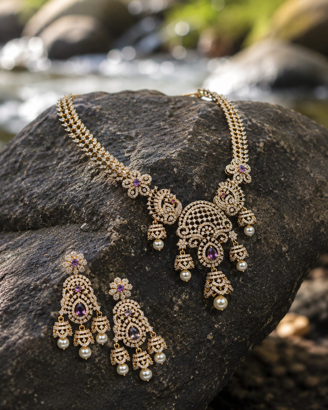 Sparkling Silver Finish American Diamond Necklace Set with Earrings & Maang Tikka