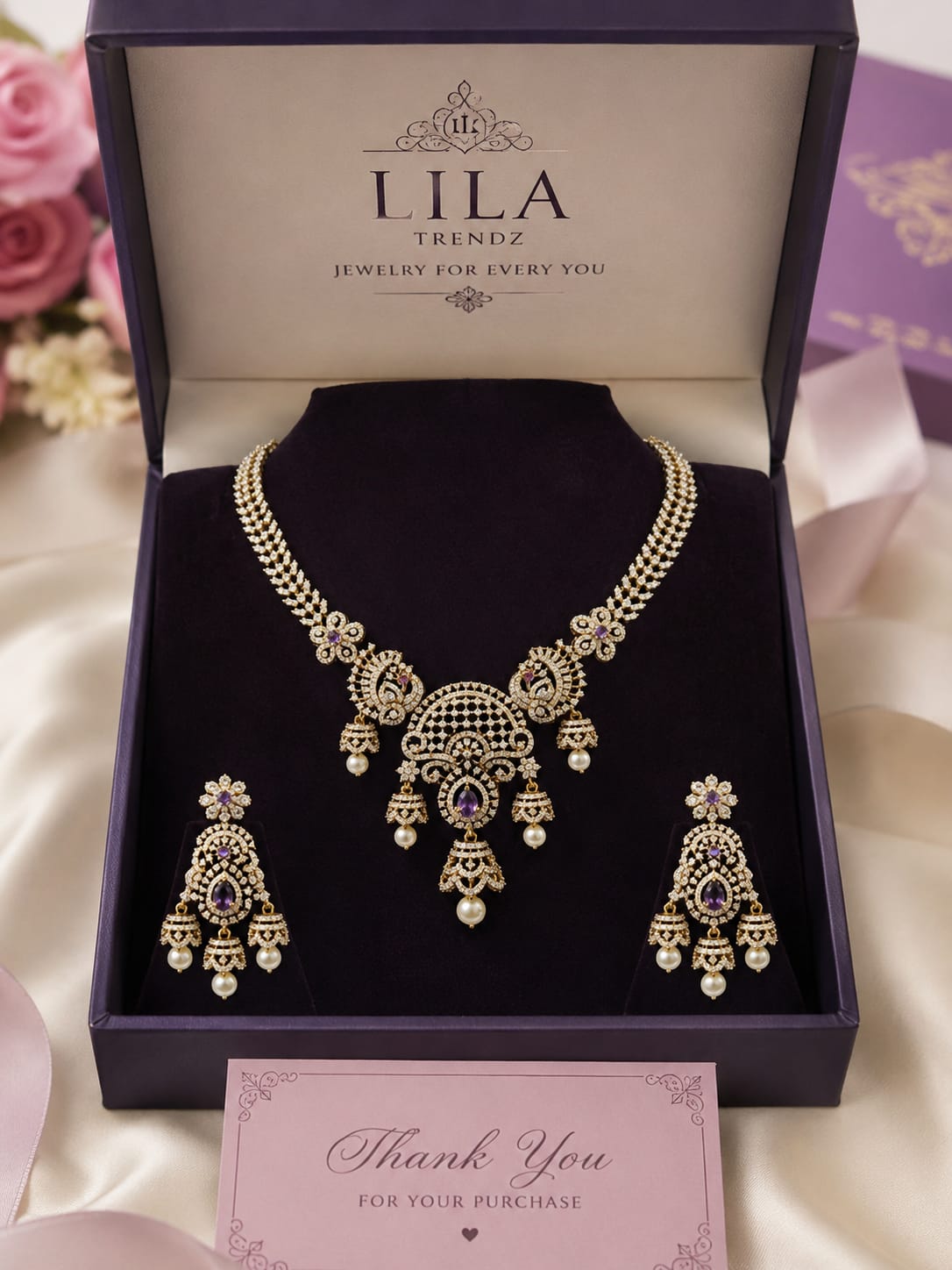 Sparkling Silver Finish American Diamond Necklace Set with Earrings & Maang Tikka