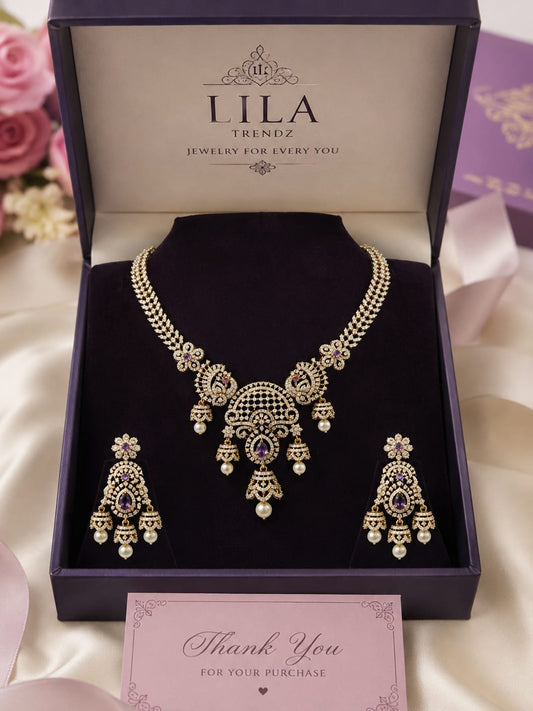 Sparkling Silver Finish American Diamond Necklace Set with Earrings & Maang Tikka