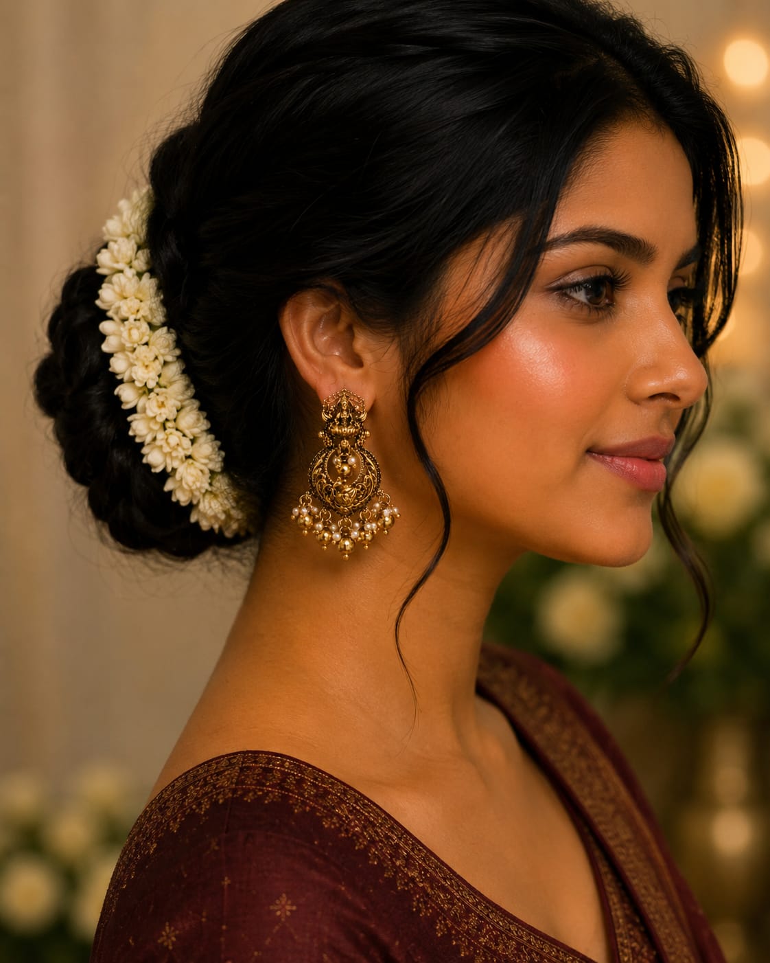 Antique Gold Goddess Lakshmi Temple Earrings with Pearl Cluster Drops