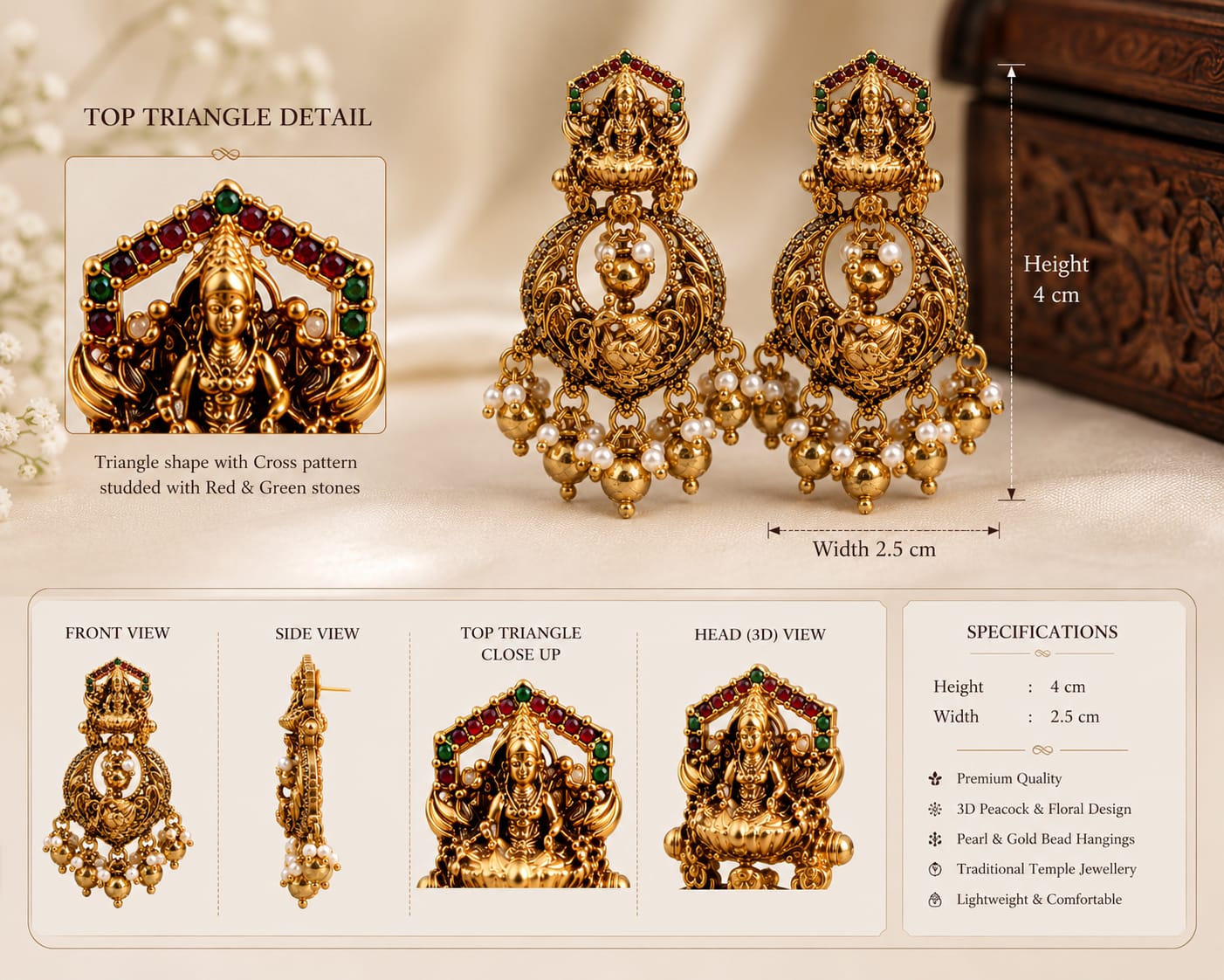 Antique Gold Goddess Lakshmi Temple Earrings with Pearl Cluster Drops