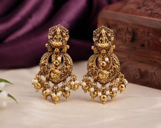 Antique Gold Goddess Lakshmi Temple Earrings with Pearl Cluster Drops