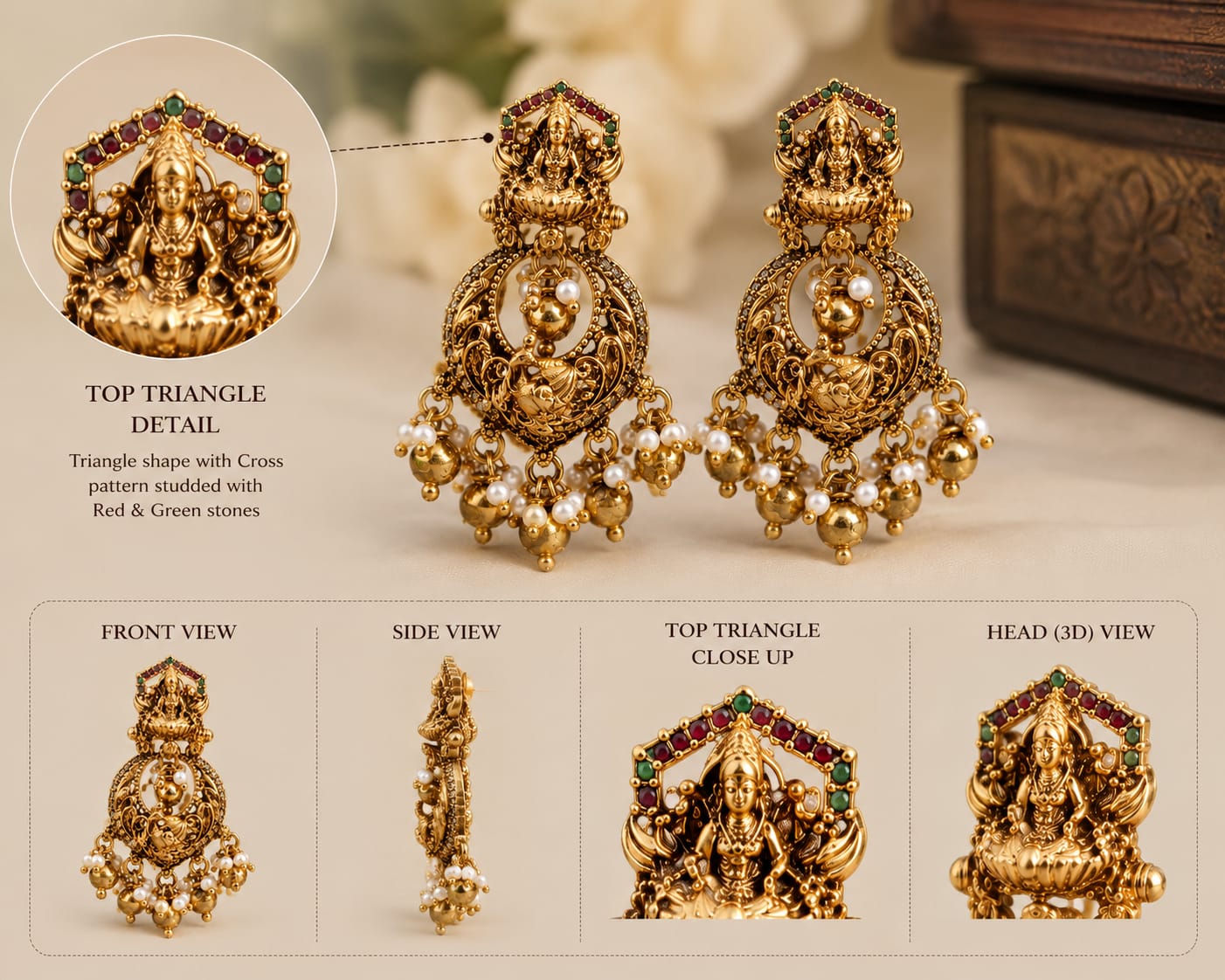 Antique Gold Goddess Lakshmi Temple Earrings with Pearl Cluster Drops