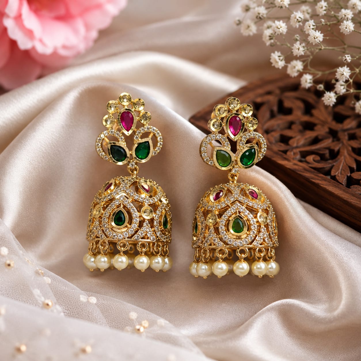 Antique Gold Ruby & Emerald Kemp Stone Jhumka Earrings with Pearl Clusters