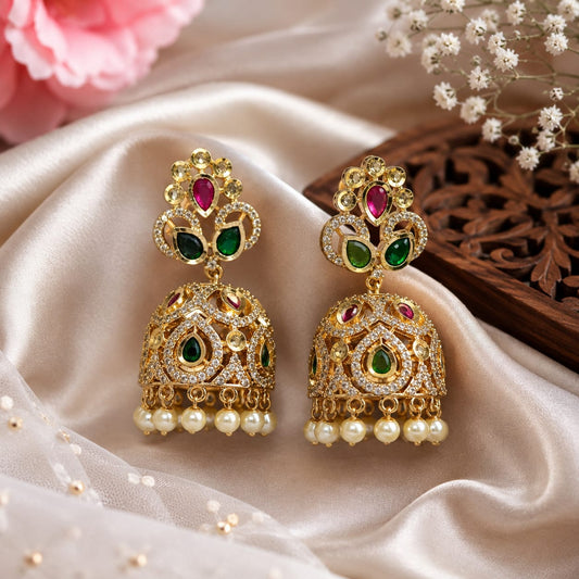 Antique Gold Ruby & Emerald Kemp Stone Jhumka Earrings with Pearl Clusters