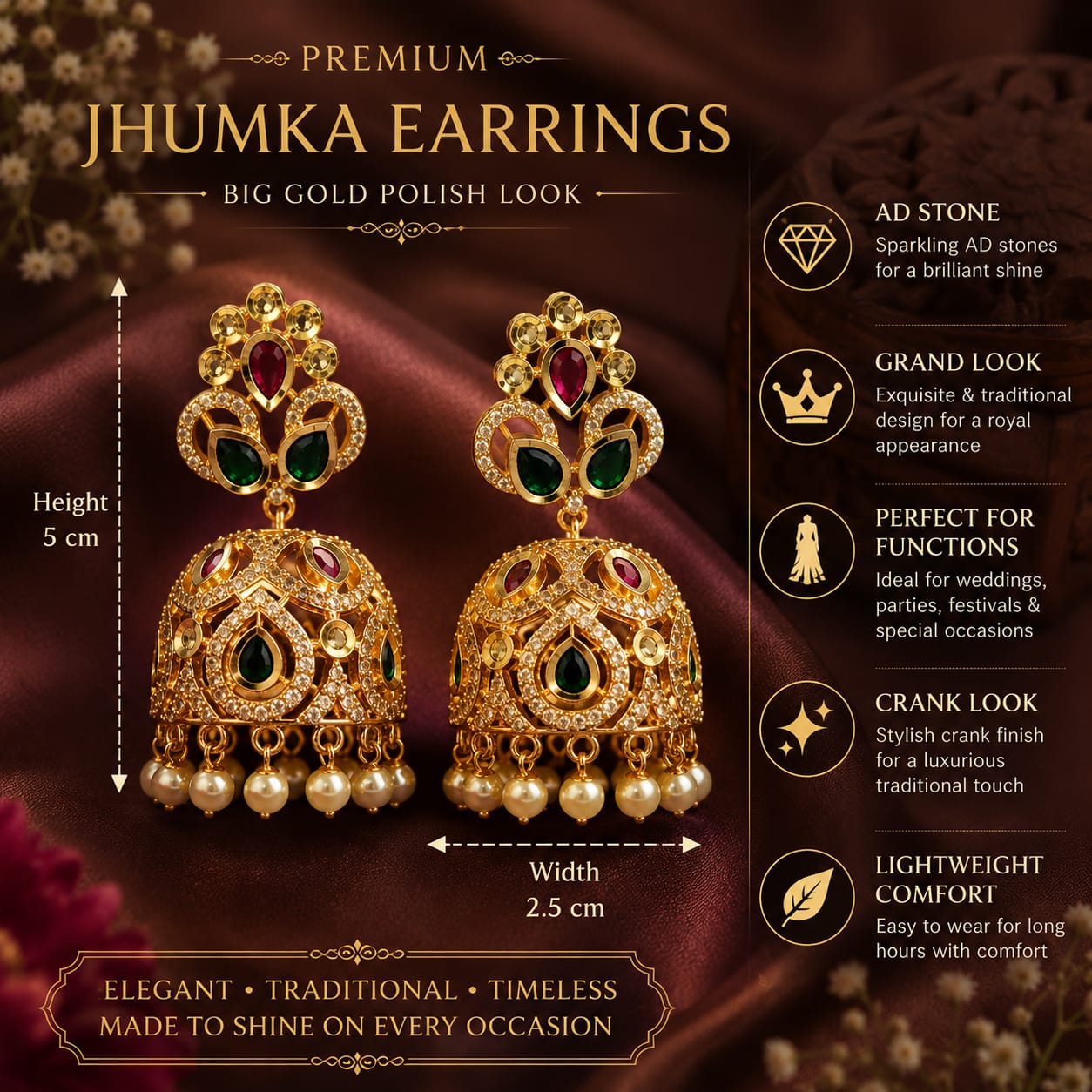 Antique Gold Ruby & Emerald Kemp Stone Jhumka Earrings with Pearl Clusters
