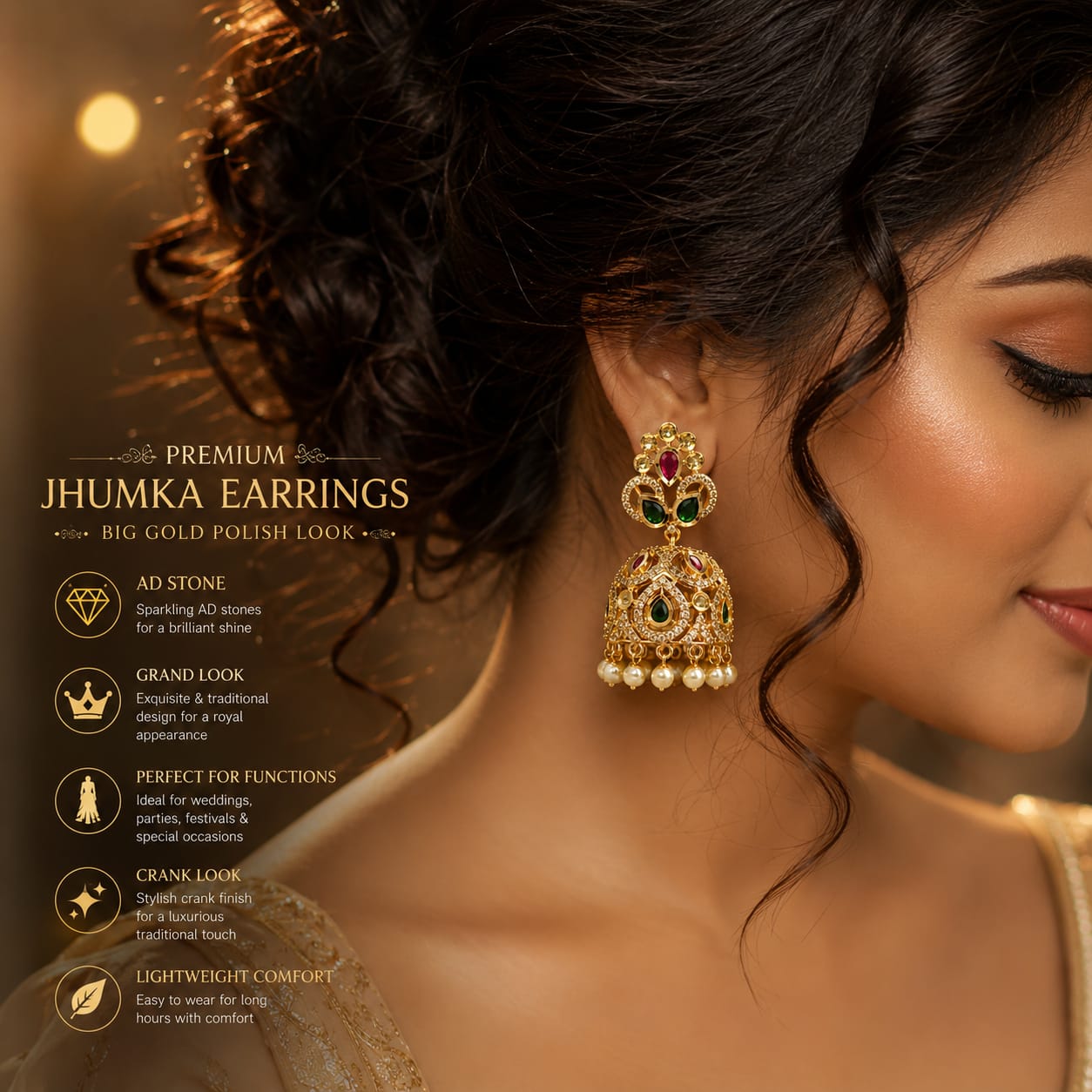 Antique Gold Ruby & Emerald Kemp Stone Jhumka Earrings with Pearl Clusters