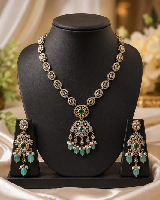 Elegant Emerald Green Stone & Diamond Choker Necklace Set with Earrings
