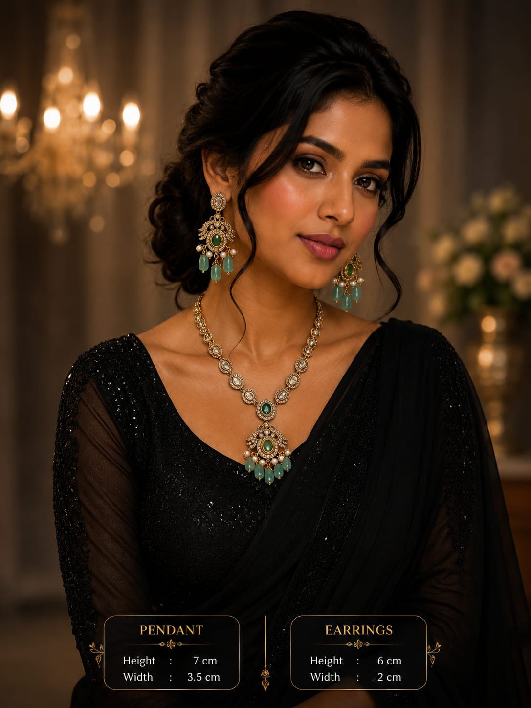 Elegant Emerald Green Stone & Diamond Choker Necklace Set with Earrings