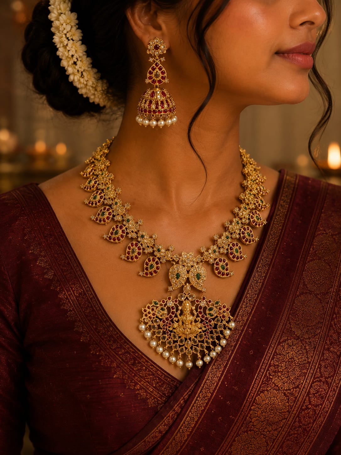 Antique Gold Choker Necklace Set with Goddess Lakshmi Pendant & Pearl Drops