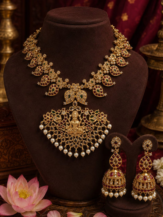 Antique Gold Choker Necklace Set with Goddess Lakshmi Pendant & Pearl Drops