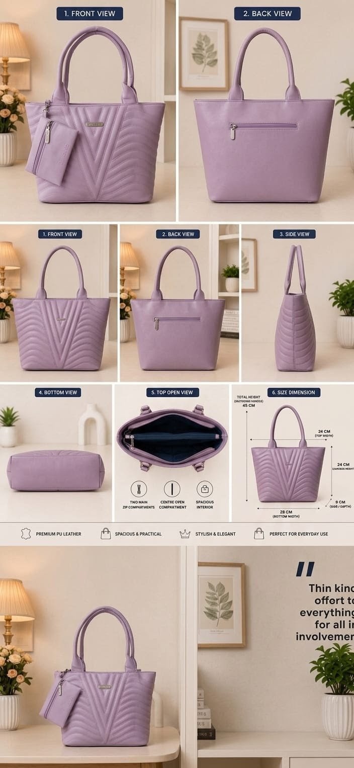 Chic Lavender Quilted Tote Handbag with Matching Mini Pouch