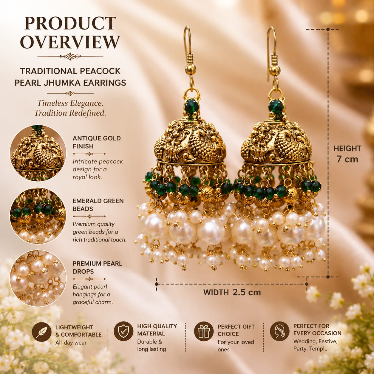 Royal Green Stone Antique Gold Jhumka Earrings with Pearl Clusters