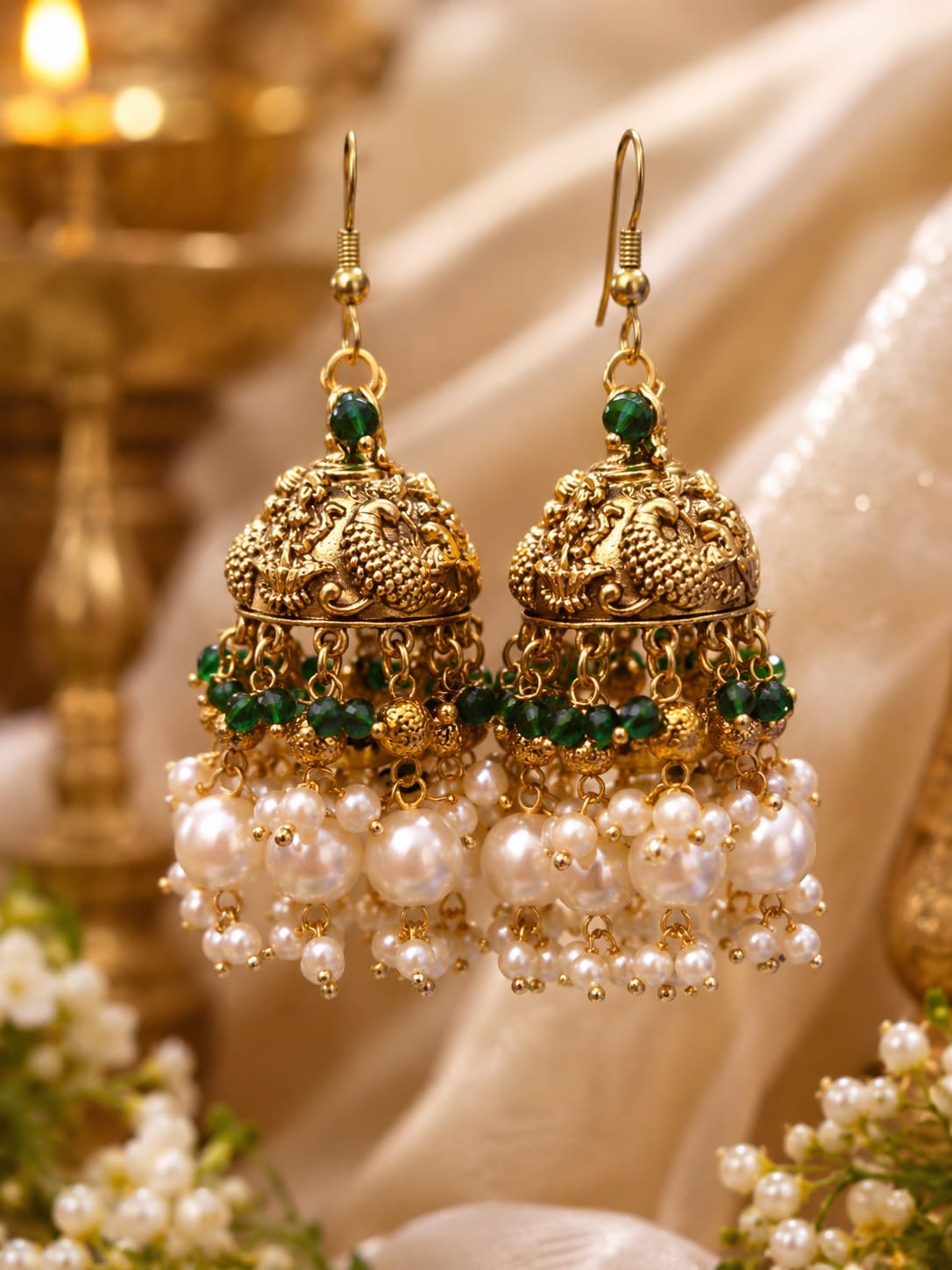 Royal Green Stone Antique Gold Jhumka Earrings with Pearl Clusters