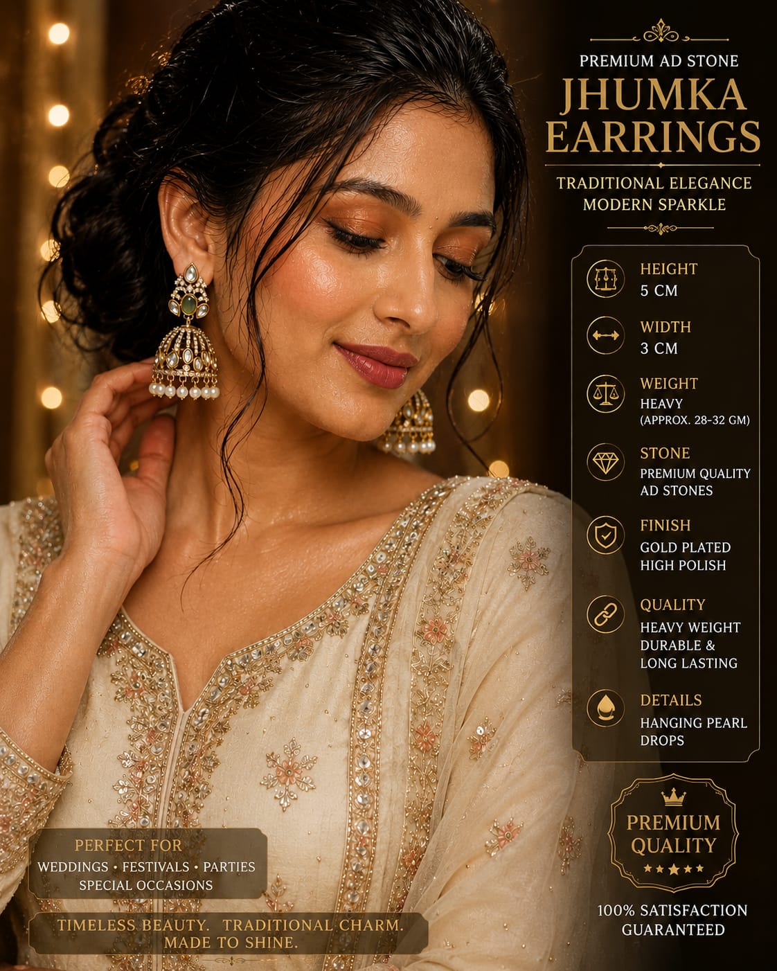 Royal Green Stone Antique Gold Jhumka Earrings with Pearl Clusters