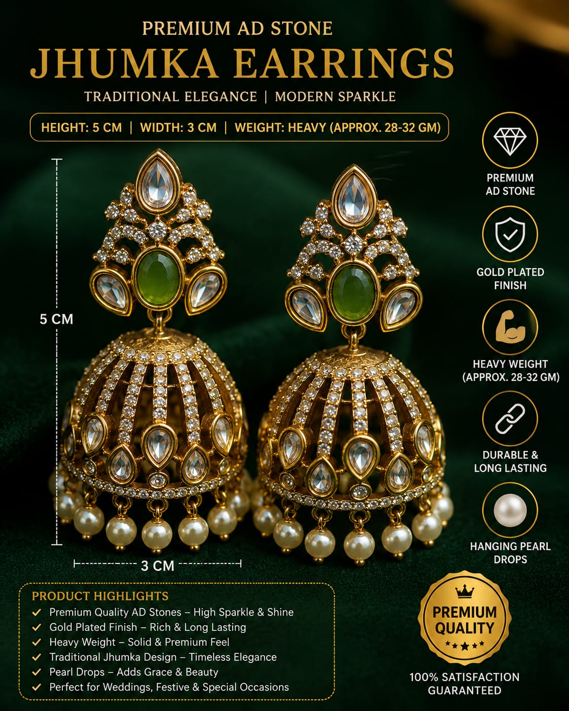 Royal Green Stone Antique Gold Jhumka Earrings with Pearl Clusters