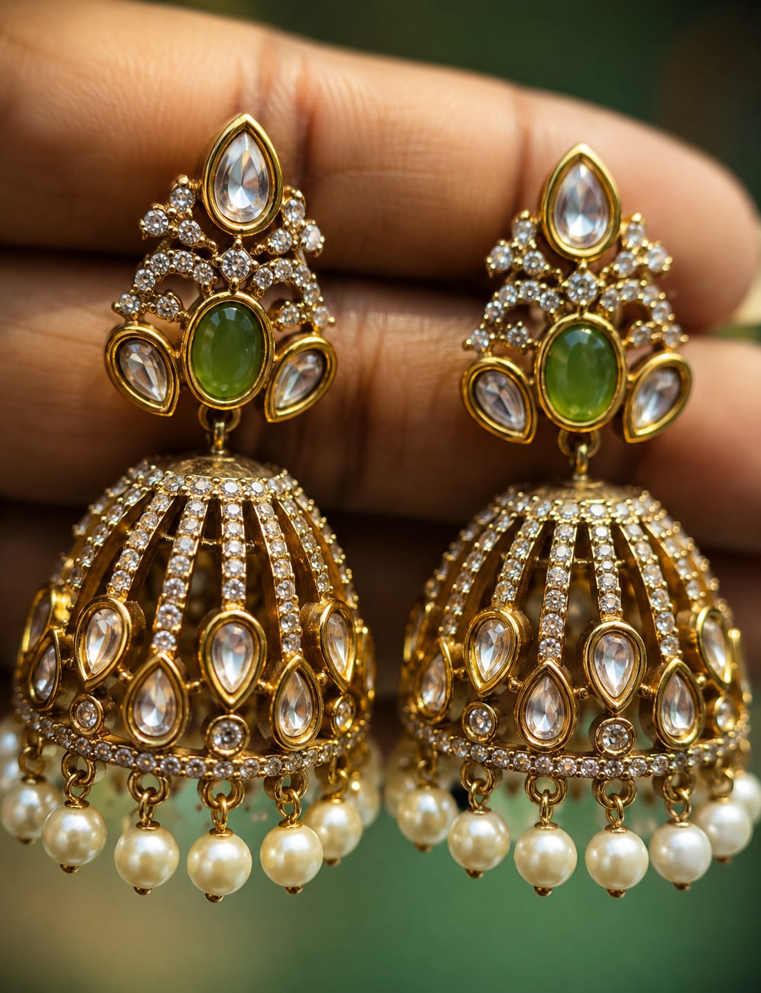 Royal Green Stone Antique Gold Jhumka Earrings with Pearl Clusters