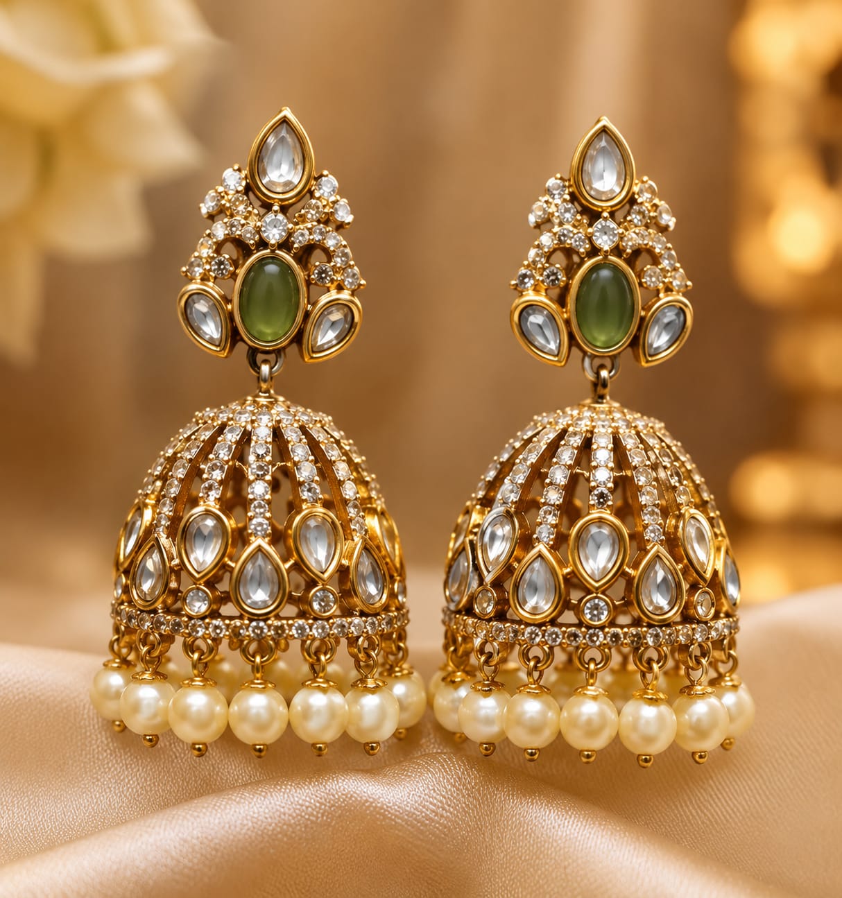Royal Green Stone Antique Gold Jhumka Earrings with Pearl Clusters