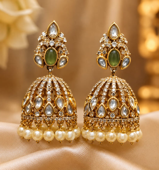 Royal Green Stone Antique Gold Jhumka Earrings with Pearl Clusters