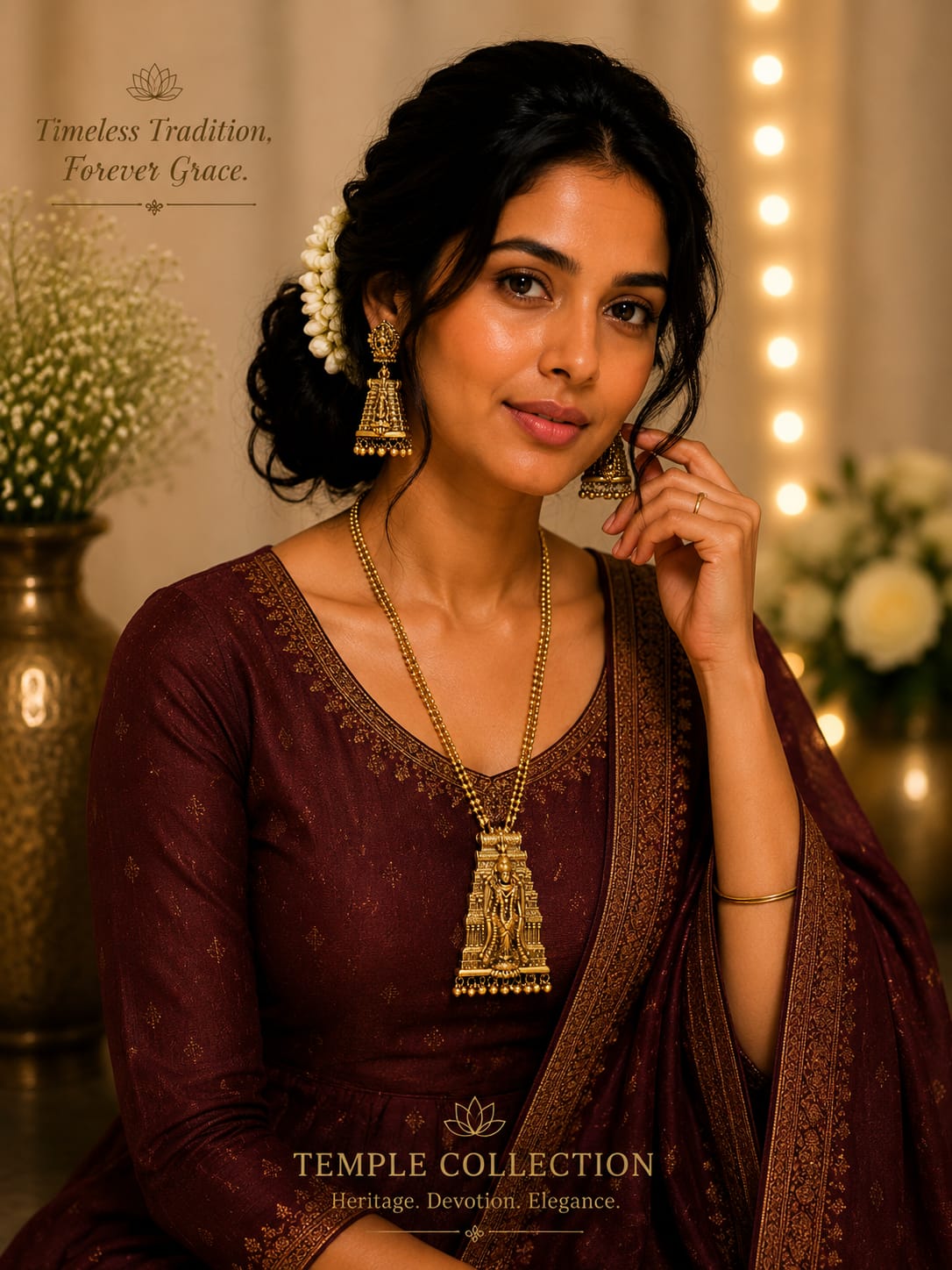 Antique Gold Finish Temple Pendant Necklace Set with Jhumka Earrings