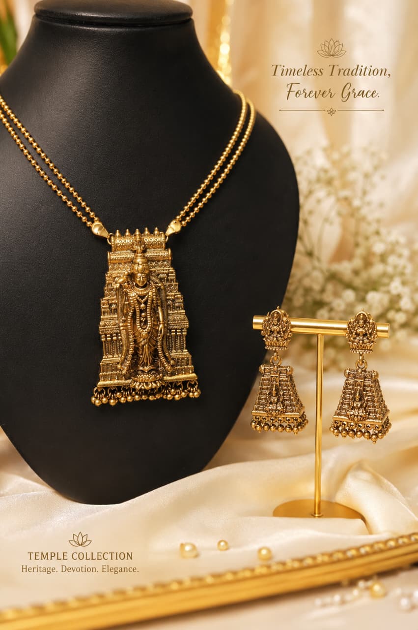 Antique Gold Finish Temple Pendant Necklace Set with Jhumka Earrings