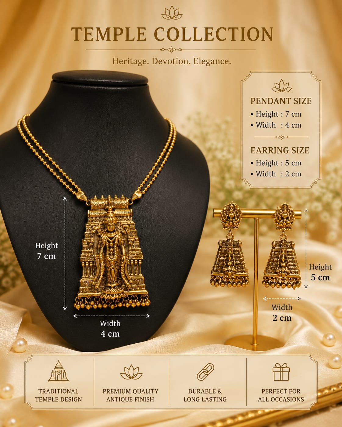 Antique Gold Finish Temple Pendant Necklace Set with Jhumka Earrings
