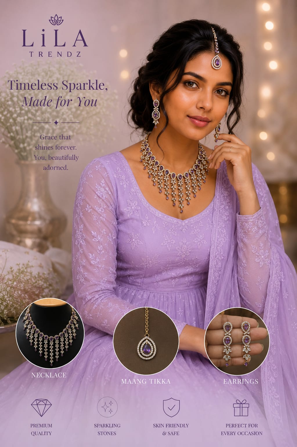 Sparkling Silver Finish American Diamond Necklace Set with Earrings & Maang Tikka