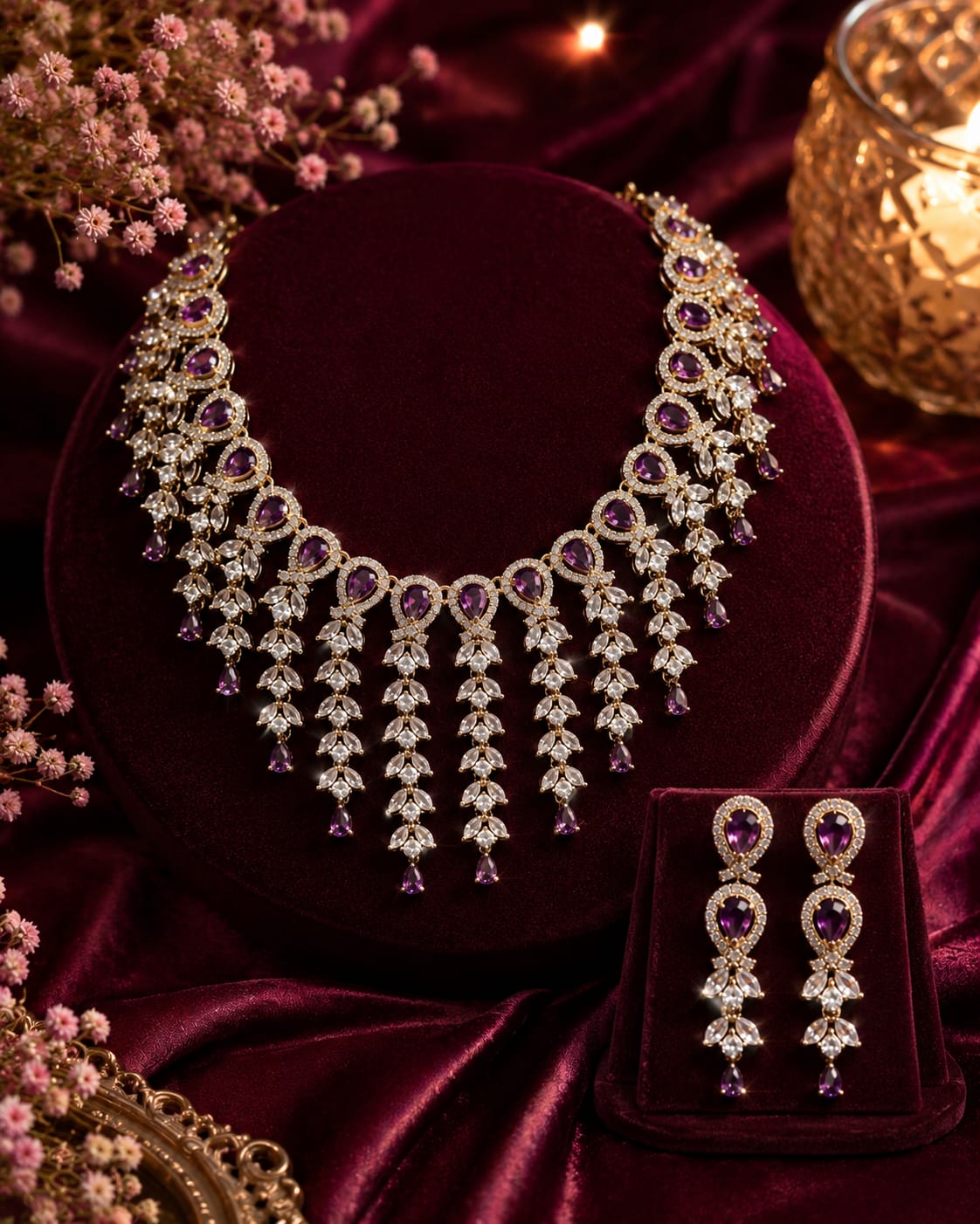 Sparkling Silver Finish American Diamond Necklace Set with Earrings & Maang Tikka