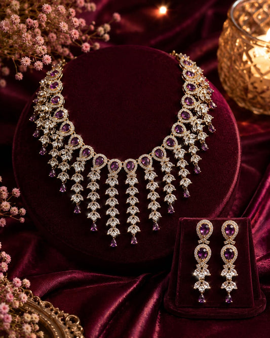 Sparkling Silver Finish American Diamond Necklace Set with Earrings & Maang Tikka