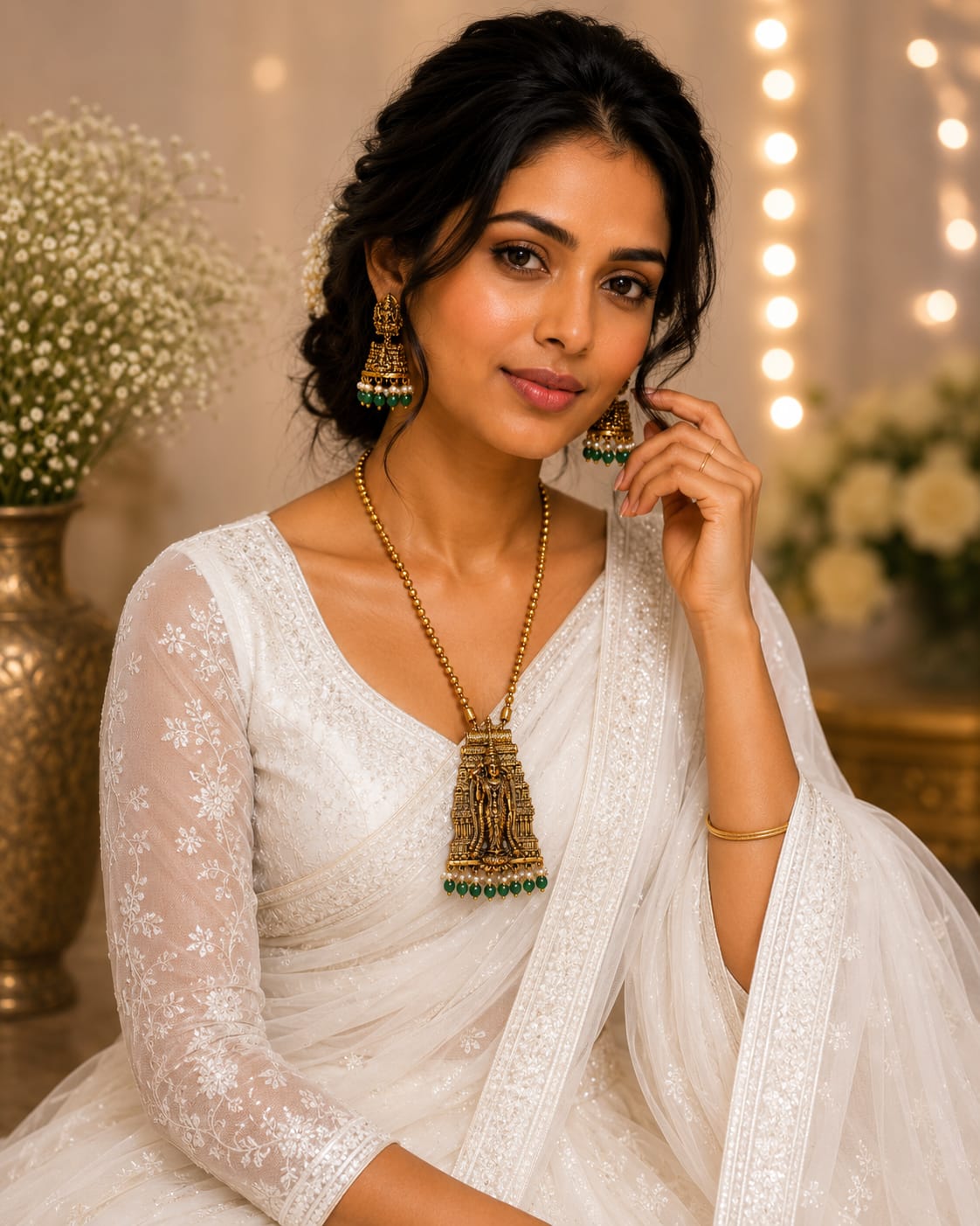 Antique Gold Temple Long Pendant Necklace Set with Emerald Green Stones & Jhumka Earrings