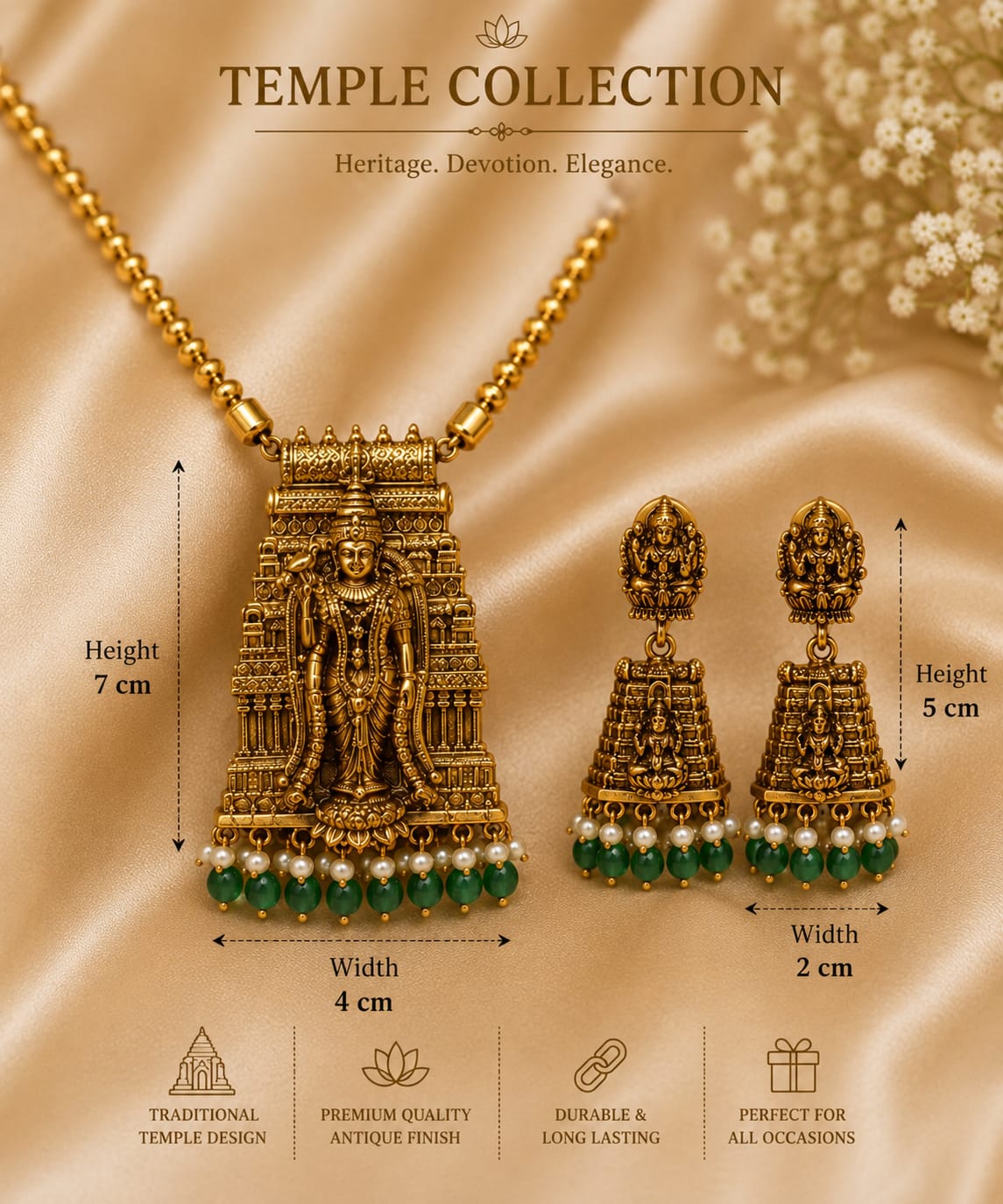Antique Gold Temple Long Pendant Necklace Set with Emerald Green Stones & Jhumka Earrings