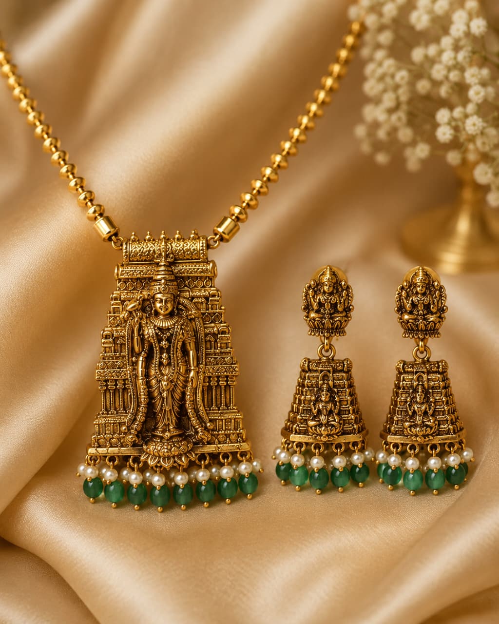 Antique Gold Temple Pendant Necklace Set with Green Bead Drops & Jhumkas
