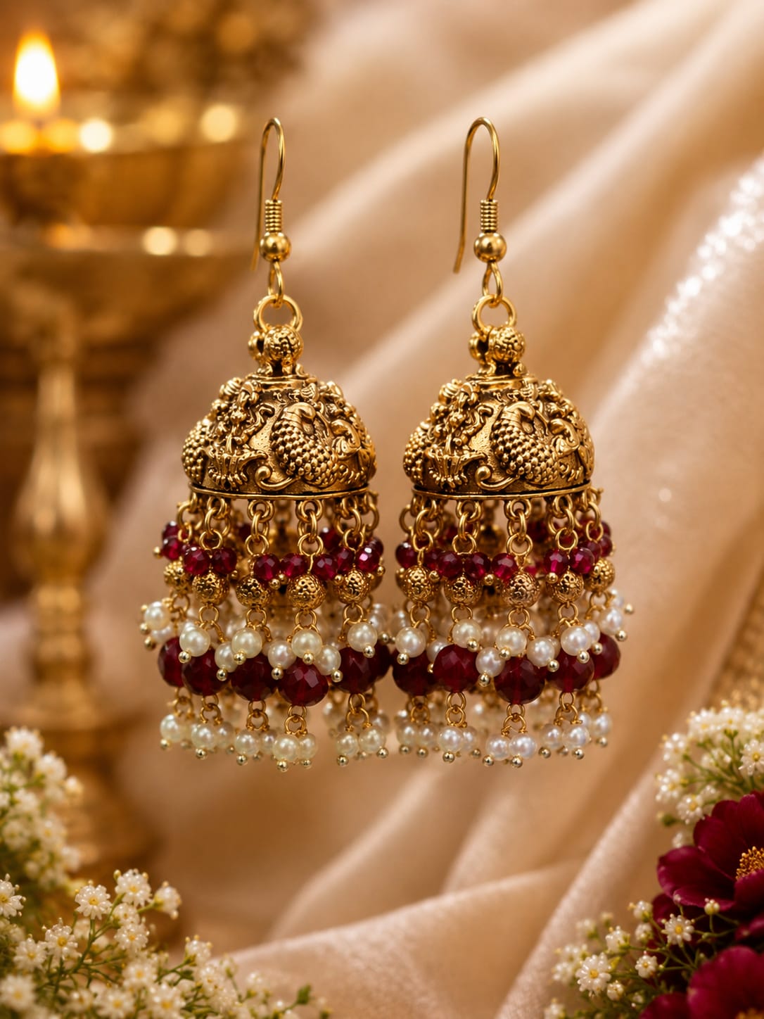 Antique Gold Ruby & Emerald Kemp Stone Jhumka Earrings with Pearl Clusters