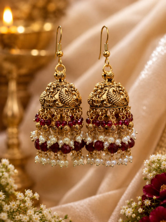 Antique Gold Ruby & Emerald Kemp Stone Jhumka Earrings with Pearl Clusters