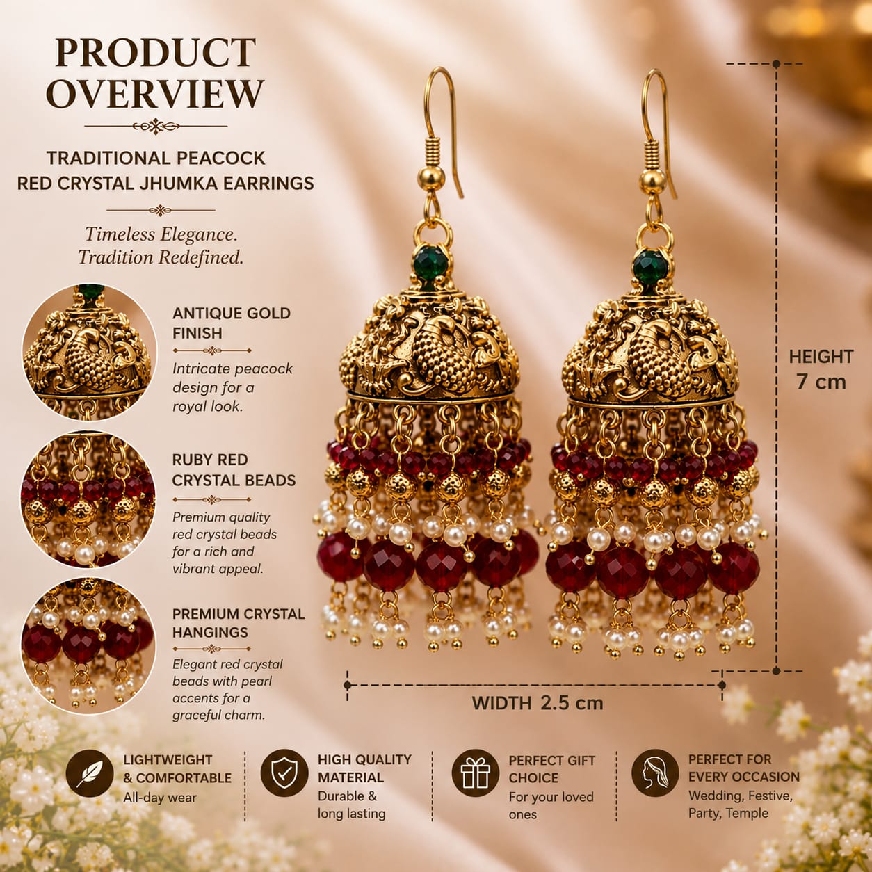 Antique Gold Ruby & Emerald Kemp Stone Jhumka Earrings with Pearl Clusters