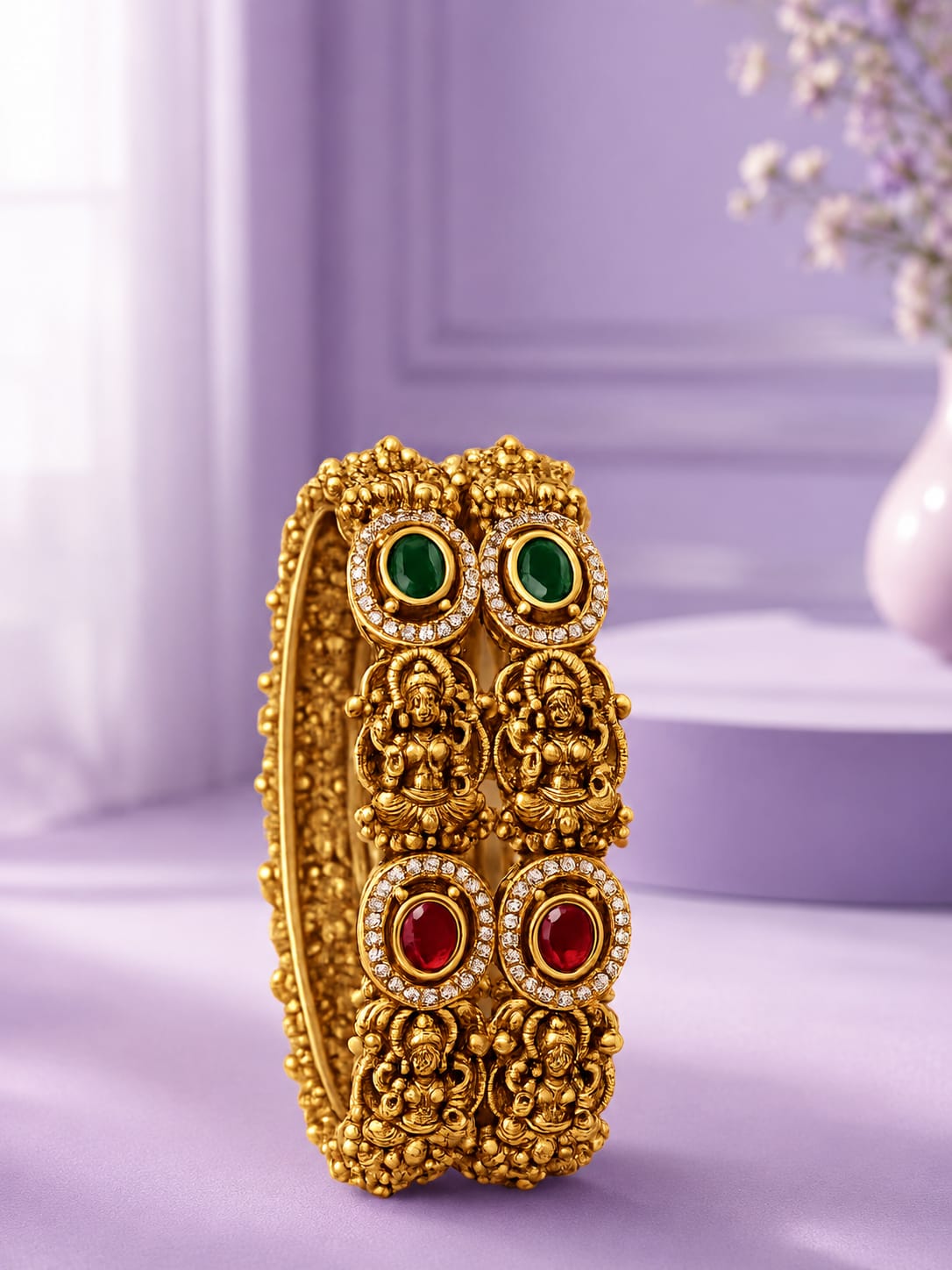 Antique Matte Gold Plated Lakshmi & Floral Ruby Green Stone Bangle Set (Set of 2)