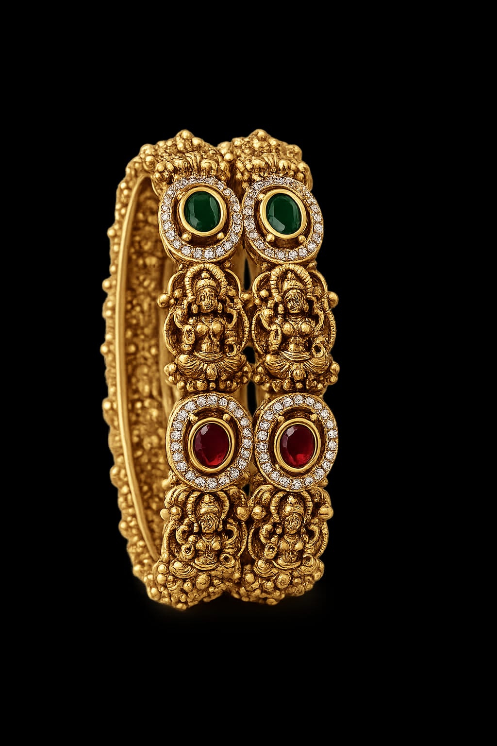 Antique Matte Gold Plated Lakshmi & Floral Ruby Green Stone Bangle Set (Set of 2)