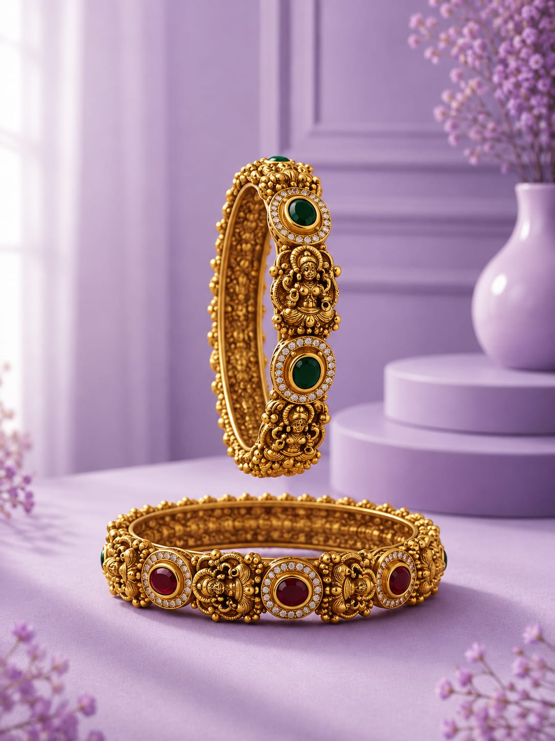 Antique Matte Gold Plated Lakshmi & Floral Ruby Green Stone Bangle Set (Set of 2)