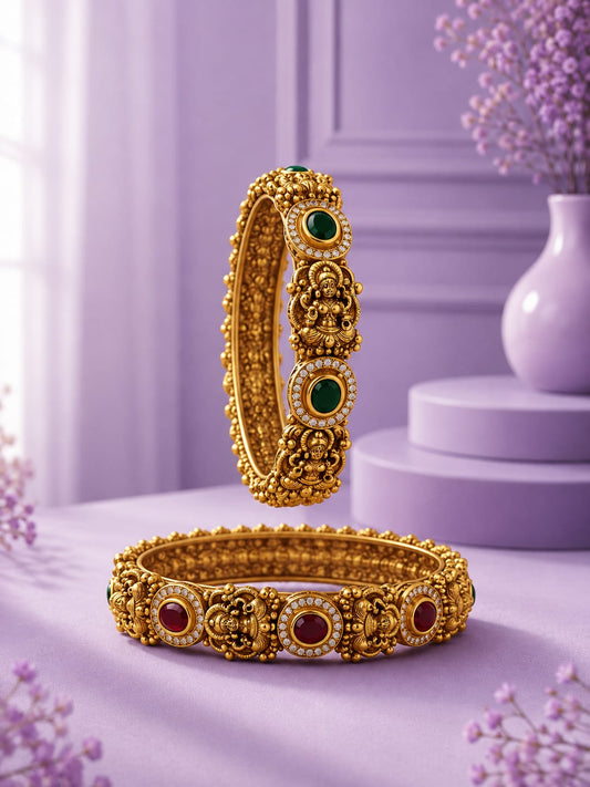 Antique Matte Gold Plated Lakshmi & Floral Ruby Green Stone Bangle Set (Set of 2)