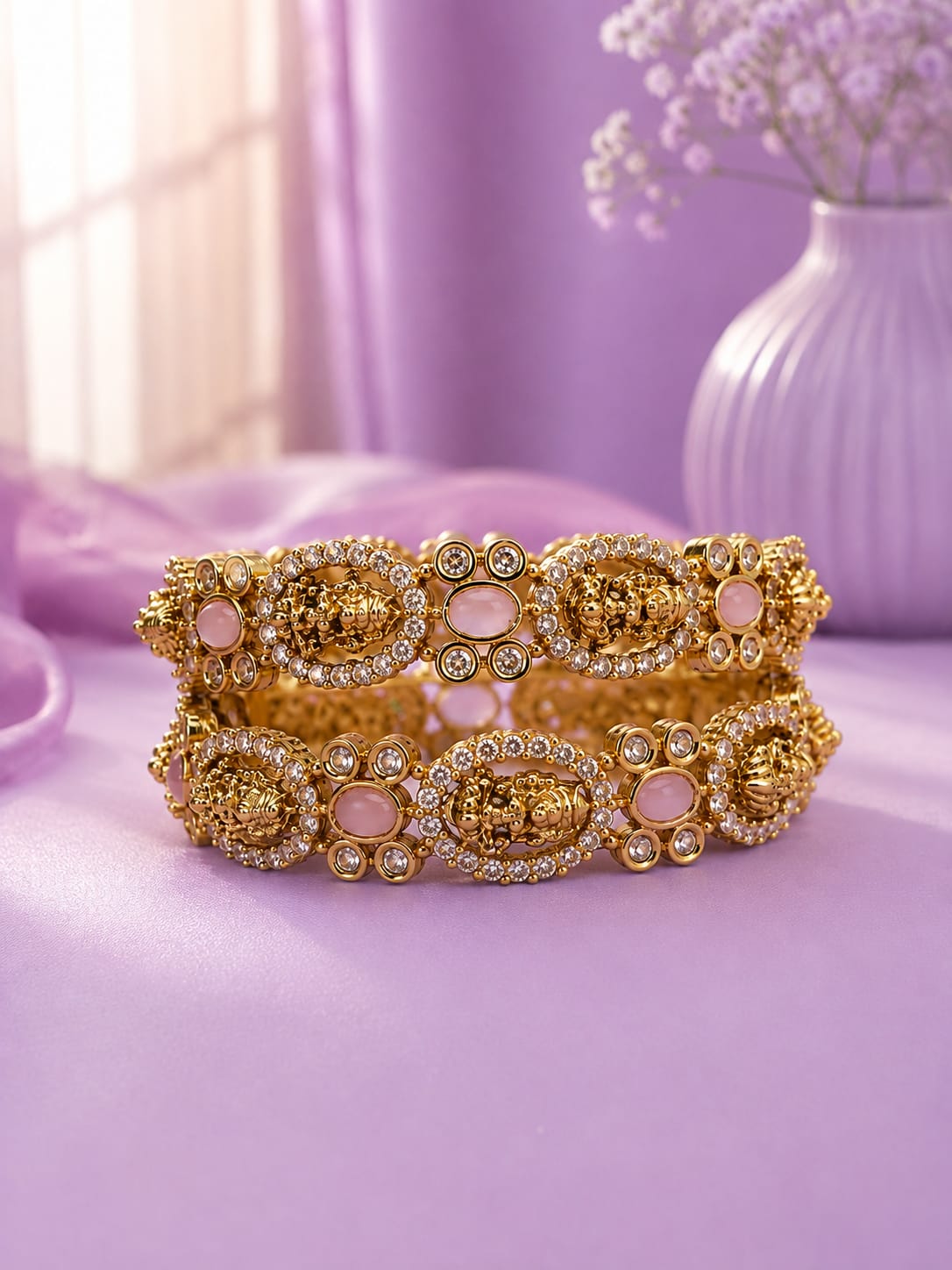 Antique Matte Gold Plated Lakshmi & Floral Ruby Green Stone Bangle Set (Set of 2)