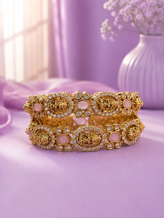 Antique Matte Gold Plated Lakshmi & Floral Ruby Green Stone Bangle Set (Set of 2)