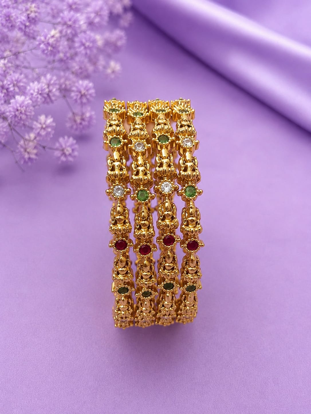 Antique Matte Gold Plated Lakshmi & Floral Ruby Green Stone Bangle Set (Set of 2)