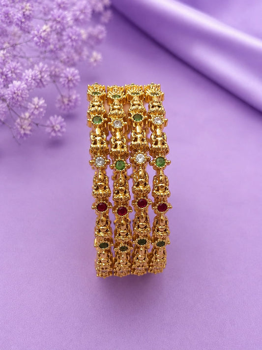 Antique Matte Gold Plated Lakshmi & Floral Ruby Green Stone Bangle Set (Set of 2)