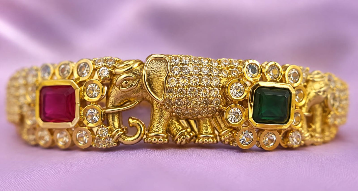 Antique Matte Gold Plated Lakshmi Ruby & Emerald Green Stone Bangle Set (Set of 2)