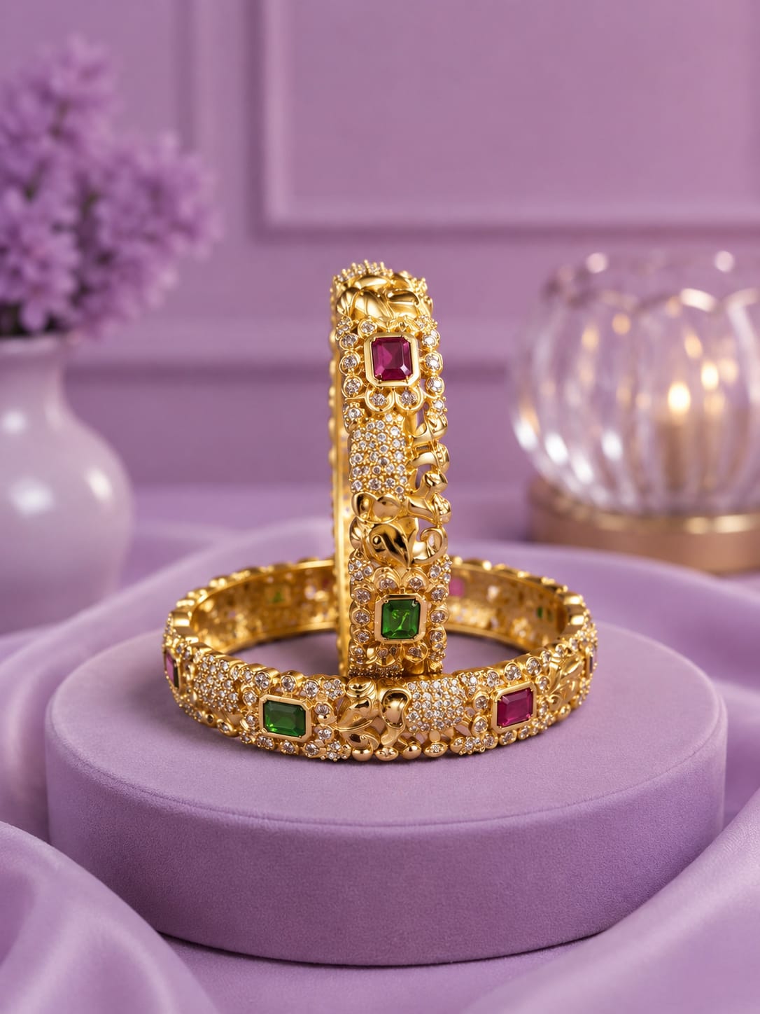 Antique Matte Gold Plated Lakshmi Ruby & Emerald Green Stone Bangle Set (Set of 2)