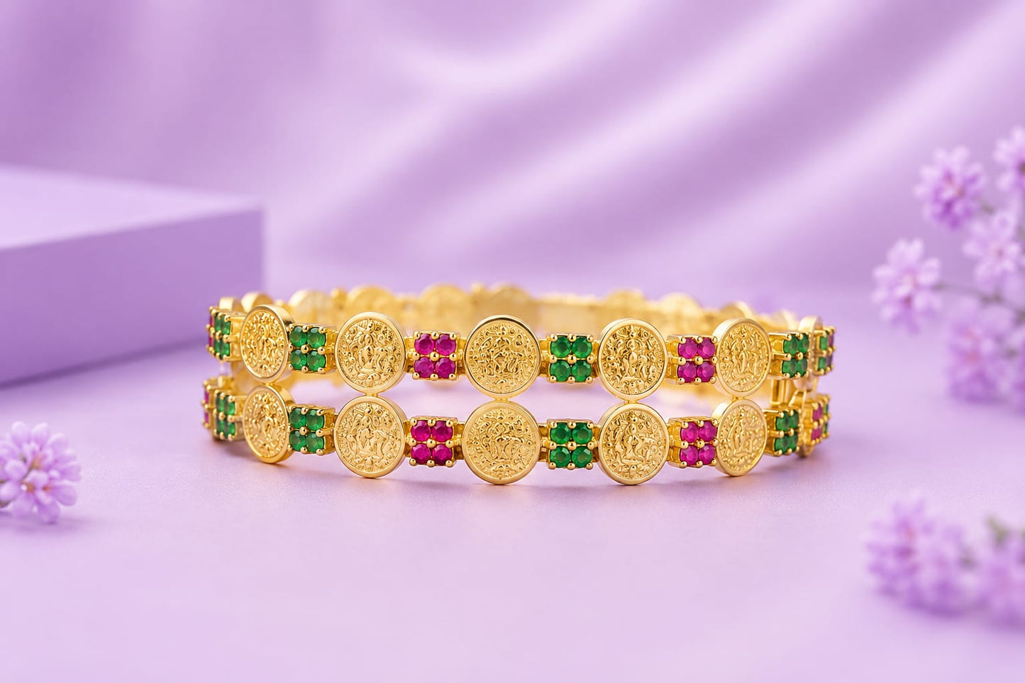 Premium Antique Gold Lakshmi Coin Bangle with Pink & Green Kemp Stones