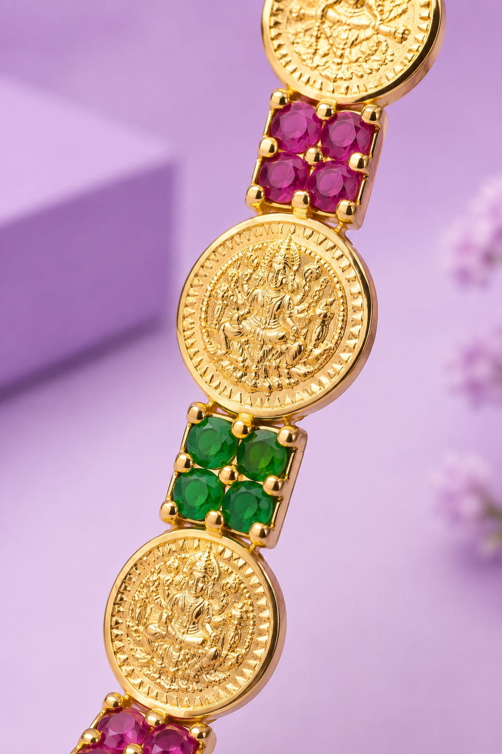 Premium Antique Gold Lakshmi Coin Bangle with Pink & Green Kemp Stones